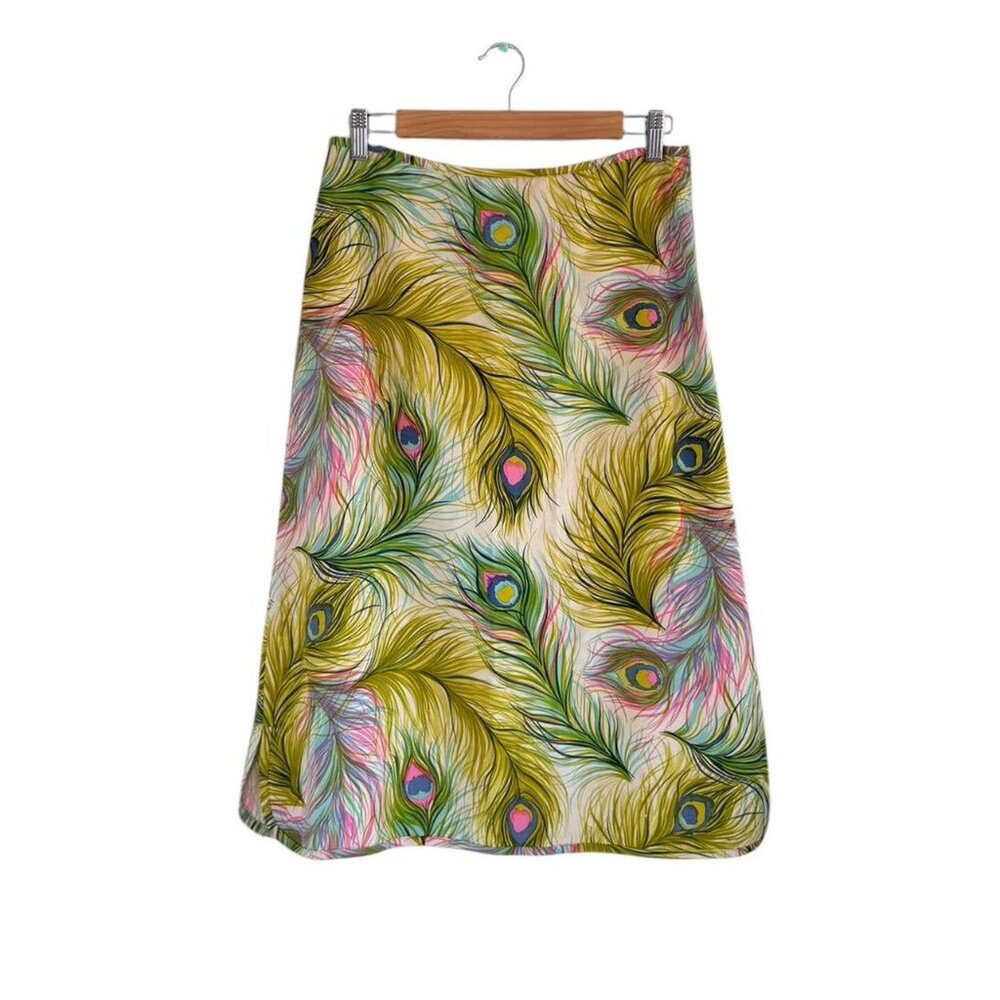 NANETTE LEPORE MULTICOLOR PEACOCK FEATHER S MIDI SKIRT WOMENS SIZE 6